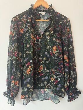H&M Sheer Floral Chiffon Ruffle Neck Tie Blouse Black Multi Size 10